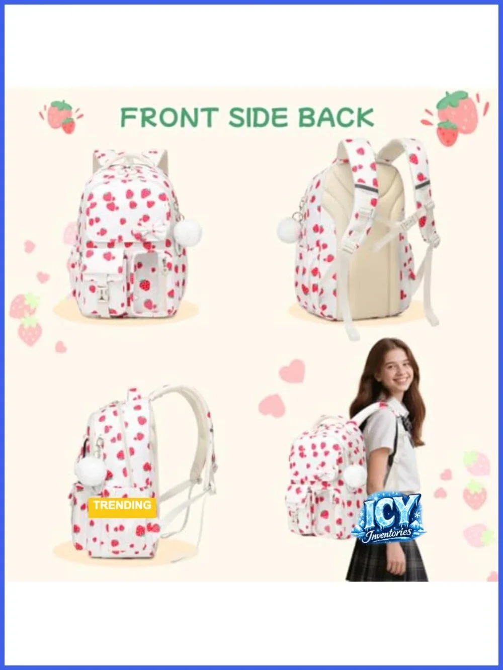 Girls Backpack with Strawberry Bow Design, Laptop Compartment